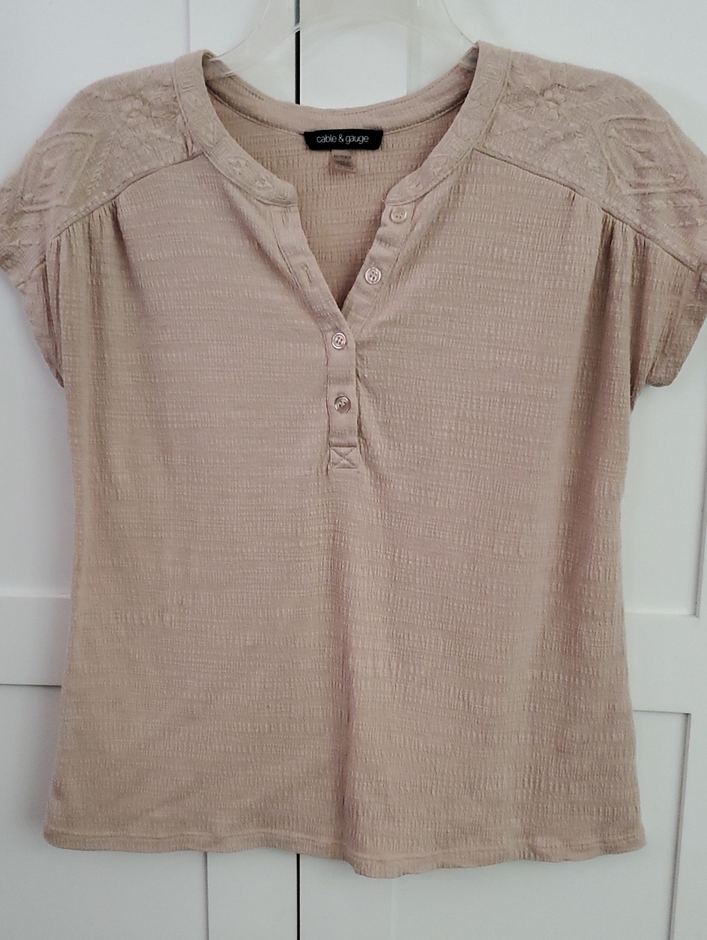 Cable & Gauge Light Beige Short Sleeve Henley with Lace Shoulders